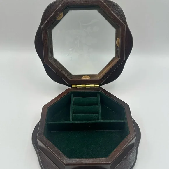 Wooden Octagonal Ring Earring Holder Jewelry Box with Glass Top Styled by Mele - Picture 3 of 9